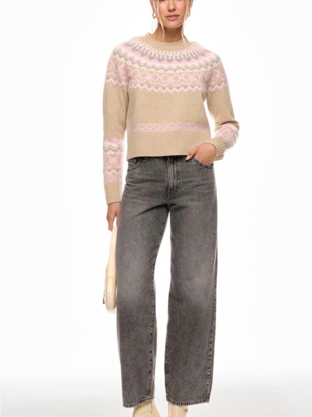 LoveShackFancy Beige Crewneck Sweater with Pink & Gray Fair Isle Yoke